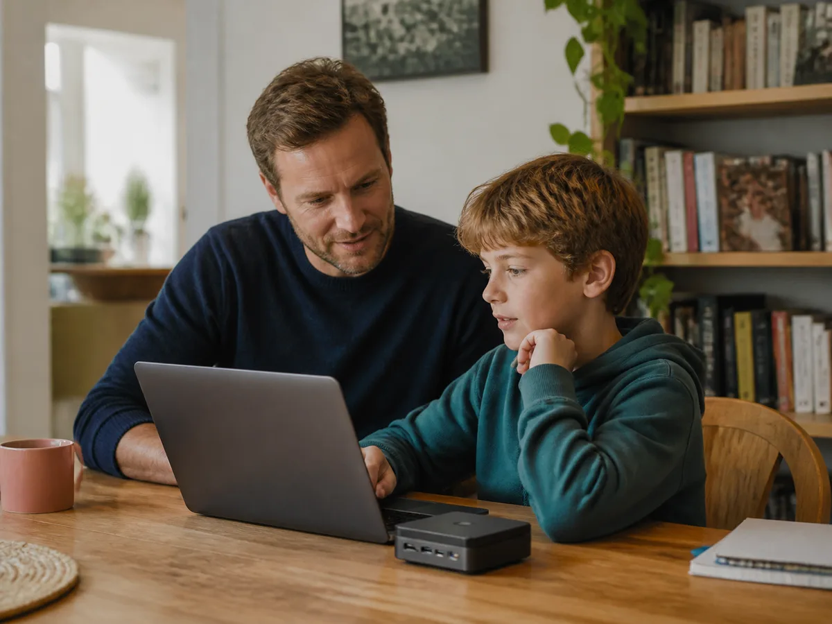 KI-generierte illustrative Darstellung: Elternteil und Kind lernen gemeinsam an vorhandener Computertechnik
