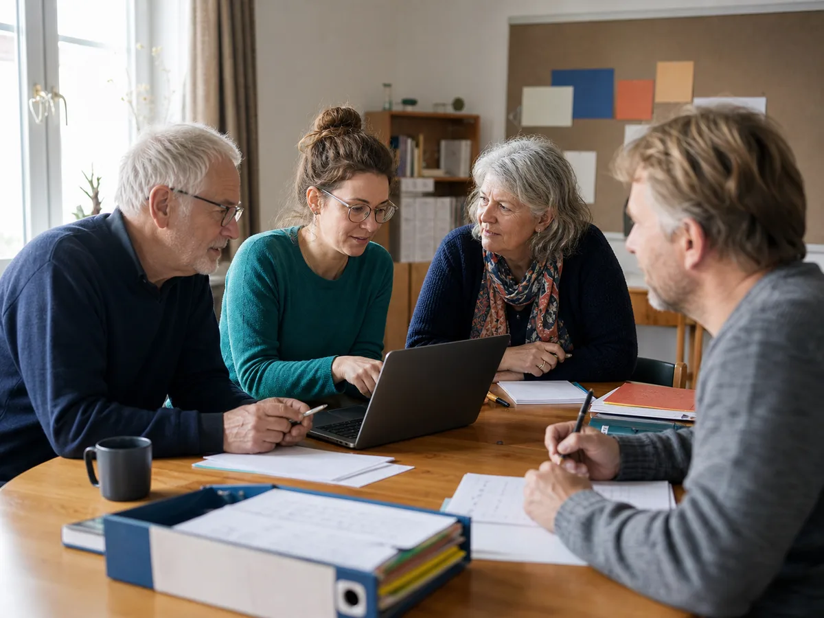 KI-generierte illustrative Darstellung: Ehrenamtliche verschiedener Generationen organisieren gemeinsam Vereinswissen